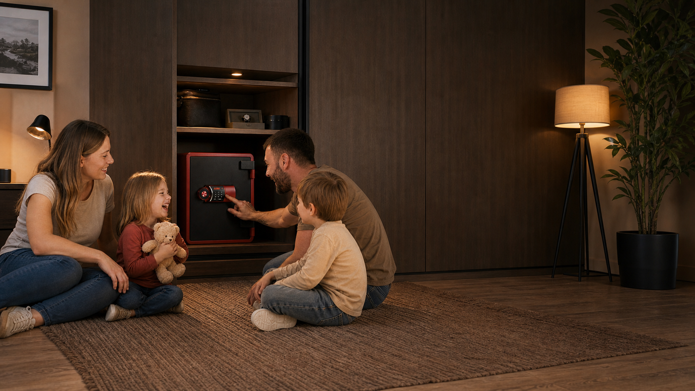 Hero home v2 - famiglia apre cassaforte a muro, inquadratura larga